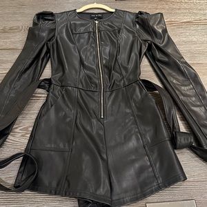 Faux leather long sleeve short romper